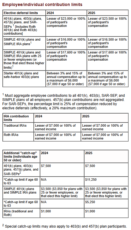 Employee individual contribution limits 2025
