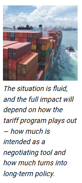 Description of picture: Shipping containers on the deck of a ship. The text below the image reads: “The situation is fluid, and the full impact will depend on how the tariff program plays out — how much is intended as a negotiating tool and how much turns into long-term policy.”