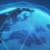 A global with connection lines across it. Article title: Market Volatility Rises on Geopolitical Concerns