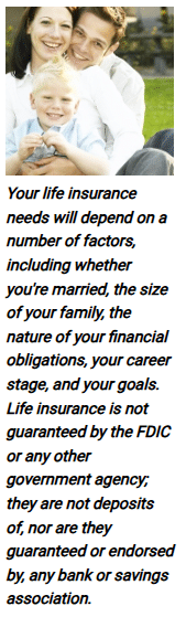 Image is of a Family with a young child. Under image is texts that reads, "Your life insurance needs will depend on a number of factors, including whether you're married, the size of your family, the nature of your financial obligations, your career stage, and your goals. Life insurance is not guaranteed by the FDIC or any other government agency; they are not deposits of, nor are they guaranteed or endorsed by, any bank or savings association." Article title: Helping Protect Your Loved Ones with Life Insurance