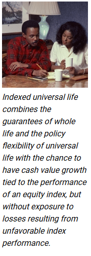 Text under the image: Indexed universal life combines the guarantees of whole life and the policy flexibility of universal life with the chance to have cash value growth tied to the performance of an equity index, but without exposure to losses resulting from unfavorable index performance. Image is a couple reviewing a document. Article title: Understanding Indexed Universal Life Insurance