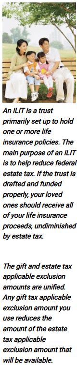 Image is a family in the park. Image text under the image: An ILIT is a trust primarily set up to hold one or more life insurance policies. The main purpose of an ILIT is to help reduce federal estate tax. If the trust is drafted and funded properly, your loved ones should receive all of your life insurance proceeds, undiminished by estate tax. The gift and estate tax applicable exclusion amounts are unified. Any gift tax applicable exclusion amount you use reduces the amount of the estate tax applicable exclusion amount that will be available. Article title: Understanding Irrevocable Life Insurance Trust