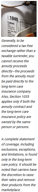 Image: 1040 form. Text image: Learn how to use a nonqualified annuity to pay for long term care insurance through a tax-free 1035 exchange, preserving assets and maximizing tax benefits. Article title: Use Your Annuity to Pay for Long-Term Care Insurance