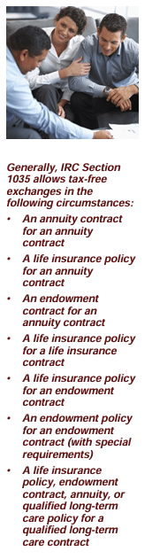 People discussing. Text in the image: Generally, IRC Section 1035 allows tax-free exchanges in the following circumstances: • An annuity contract for an annuity contract • A life insurance policy for an annuity contract • An endowment contract for an annuity contract • A life insurance policy for a life insurance contract • A life insurance policy for an endowment contract • An endowment policy for an endowment contract (with special requirements) • A life insurance policy, endowment contract, annuity, or qualified long-term care policy for a qualified long-term care contract Article title: Use Your Annuity to Pay for Long-Term Care Insurance